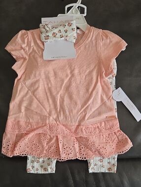 NWT Tahari Girls Peach Eyelet Peplum Top with Floral Leggings